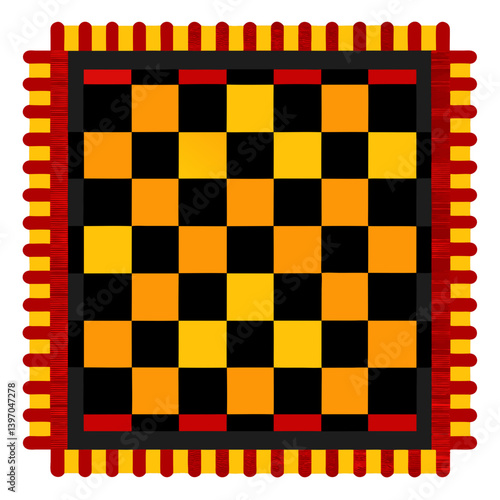 A square rug featuring a pattern of alternating black and yellow squares.