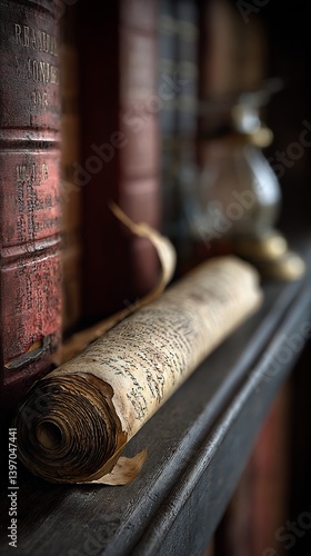 Wallpaper Mural Aged scroll rests on a shelf with books, quill and glass decanter Torontodigital.ca