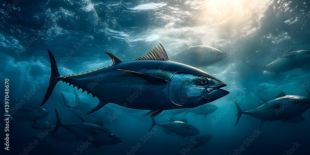 Fototapeta premium The Freedom of the Ocean - World Tuna Day - An artwork that captures the sense of freedom and movement that comes with swimming alongside the tuna in the vast ocean.