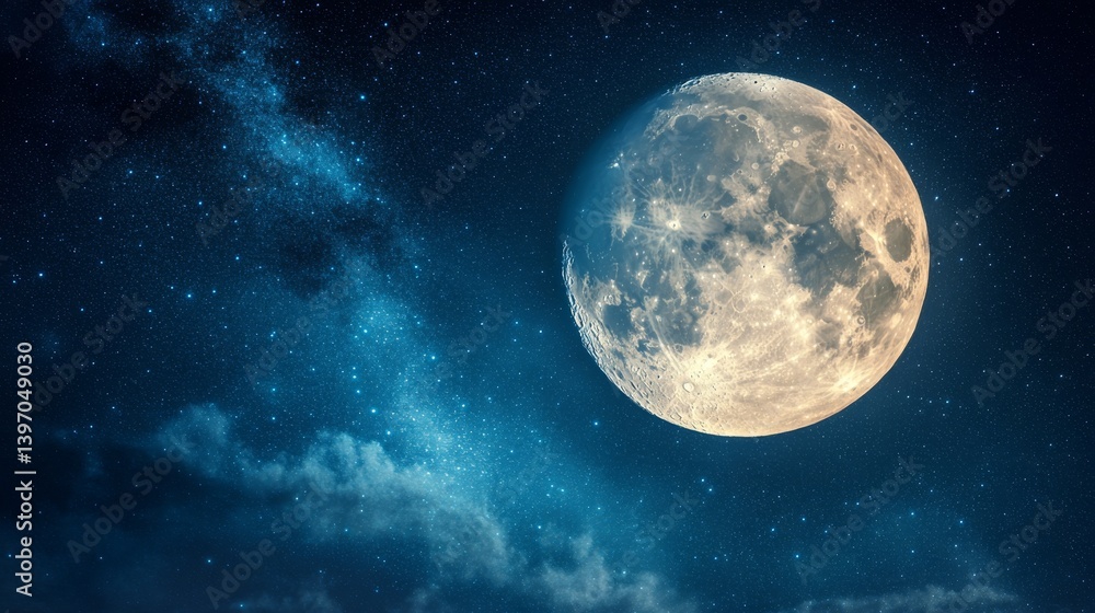 Fototapeta premium A deep blue night sky reveals an authentic full moon, glowing with shades of yellow and gray, its craters adding to the striking beauty of the astronomical image