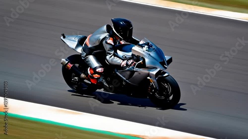 Over-the-Rider's View of a Motorcyclist Racing at High Speed on a Competitive Race Track