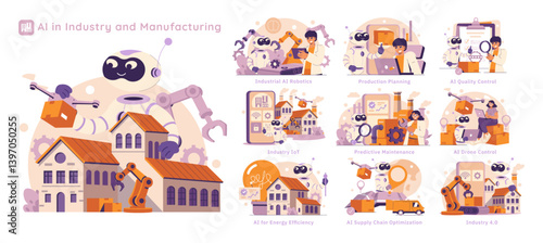 AI In Industry And Manufacturing. Flat Vector Illustration