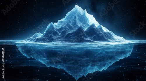 Floating, luminous mountain. Detailed under-surface texture visible in the dark water