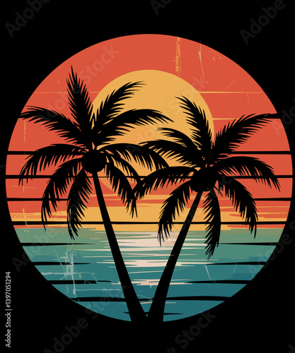 Tropical Palm Tree Vintage sunset Beach Retro