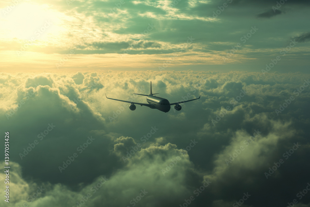 Aircraft soaring above clouds during sunset with golden light illuminating the sky Aircraft soaring above clouds during sunset with golden light illuminating the sky