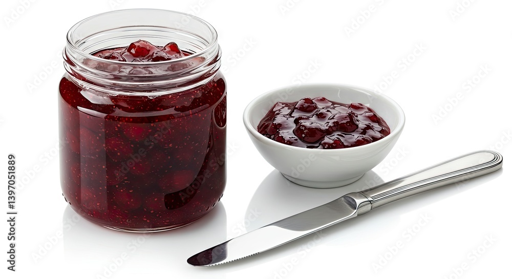 Serving Homemade Berry Jam in Jar with Bowl and Knife Serving Homemade Berry Jam in Jar with Bowl and Knife