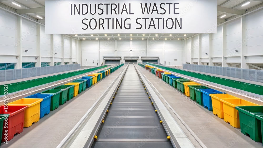 Modern Industrial Waste Sorting Station with Colorful Bins and Efficient Conveyor System