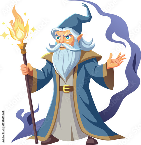 Old wizard with beard and staff casting magic spell. Classic fantasy mage for stories, games, and magical designs