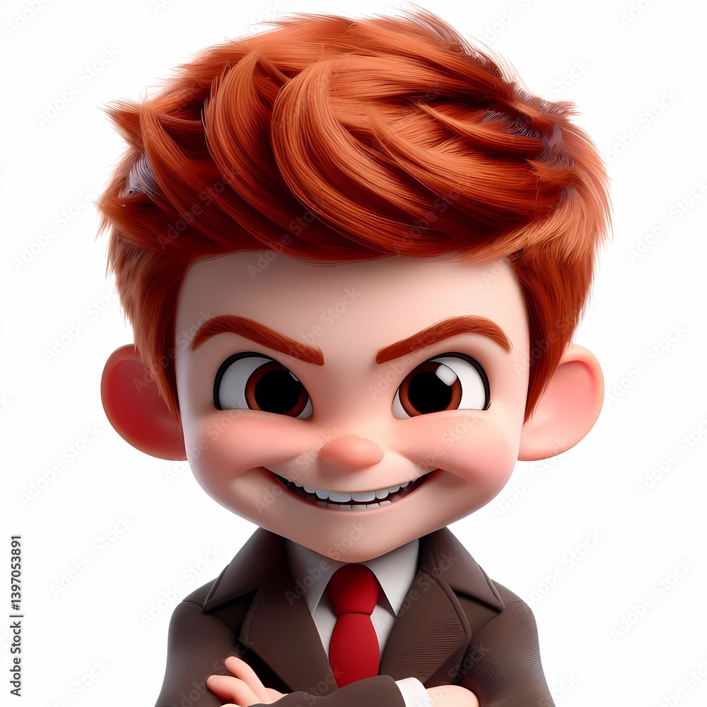 Smiling cartoon boy with red hair and mischievous expression, 3D illustration Smiling cartoon boy with red hair and mischievous expression, 3D illustration