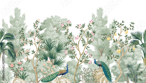Park trees, peacock bird, fruit tree, palms, plants, rose, stone seamless border. Botanical landscape mural.	
