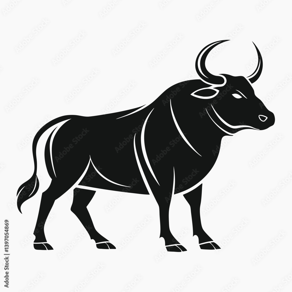 Fototapeta premium Strong Ox Silhouette Indian Agricultural Icon in Black