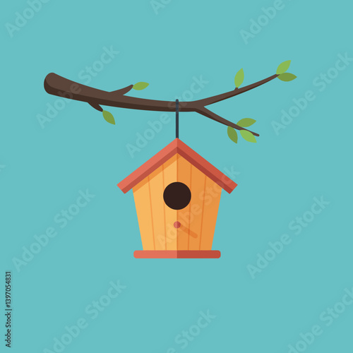 Simple wooden birdhouse hanging from a branch in minimal flat design vector illustration