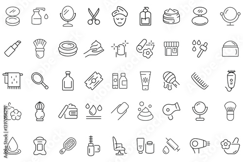 Beauty and cosmetic icon vector set. Beauty icons in line style. Skin care line icons set. Moisture cream, ceramide, retinol compound, sunscreen vector illustration.