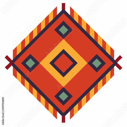 Illustration of a rug featuring a vibrant design in red, orange, and yellow hues.