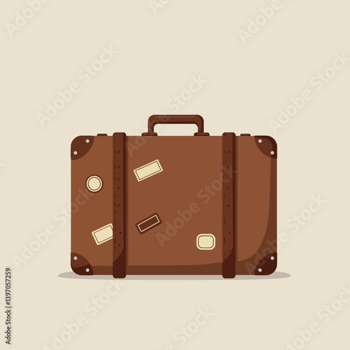 Vintage Brown Suitcase with Travel Stickers in Minimal Flat Design Style Vector Illustration