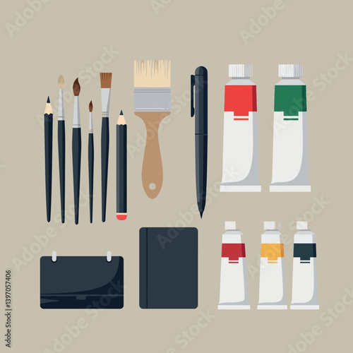 Art Supplies Arranged Neatly in Minimal Style Featuring Brushes and Paint Tubes Vector Illustration