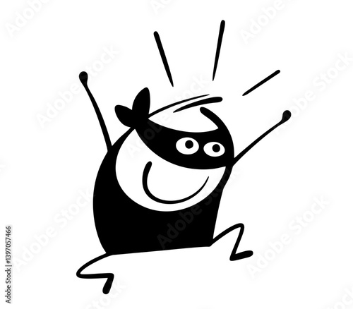 Doodle  criminal in the black mask jumps and dances with delight. Vector illustration stickman is satisfied, the crime or theft was successful. Cartoon people isolated on white background.