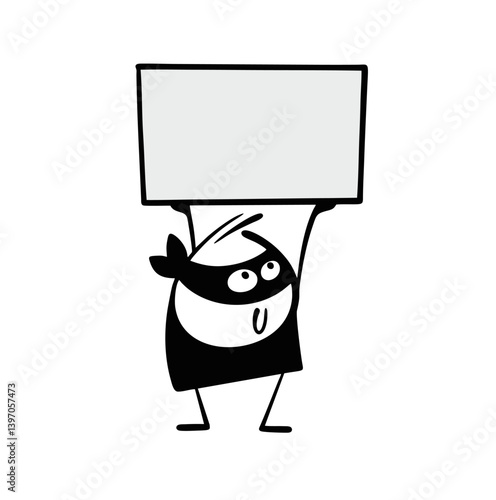 Cute criminal in black mask holds  empty text banner over head. Vector illustration of  thief draws attention to important information, advertising. Cartoon people isolated on white background.