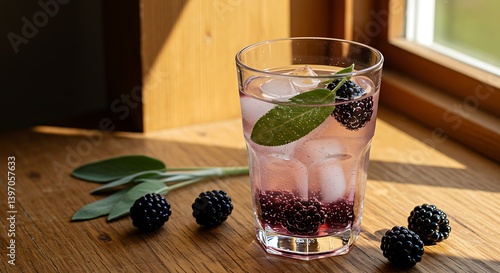 Preparing Refreshing Blackberry Drink with Ice and Sage on Wood Table