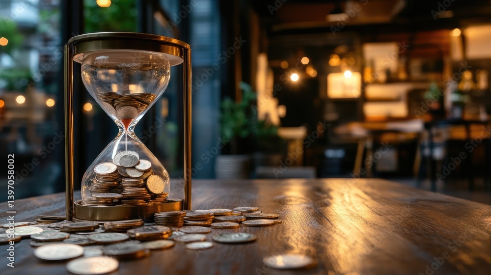 Hourglass with Coins on Table Symbolizing Time and Money Management