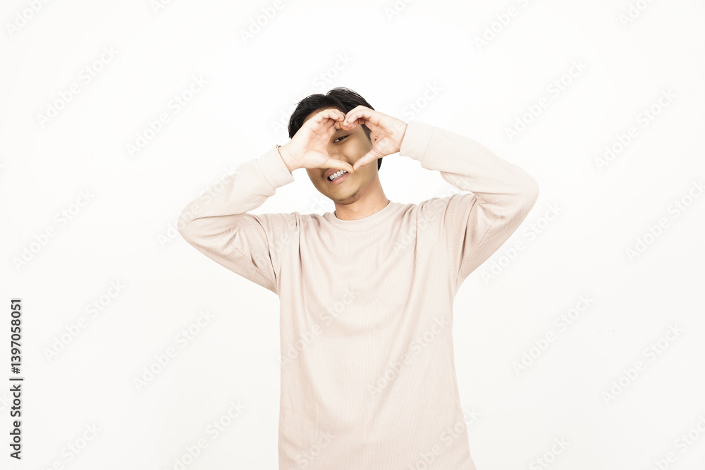 Showing Love Hand Sign Of Handsome Asian Man Isolated On White Background Showing Love Hand Sign Of Handsome Asian Man Isolated On White Background