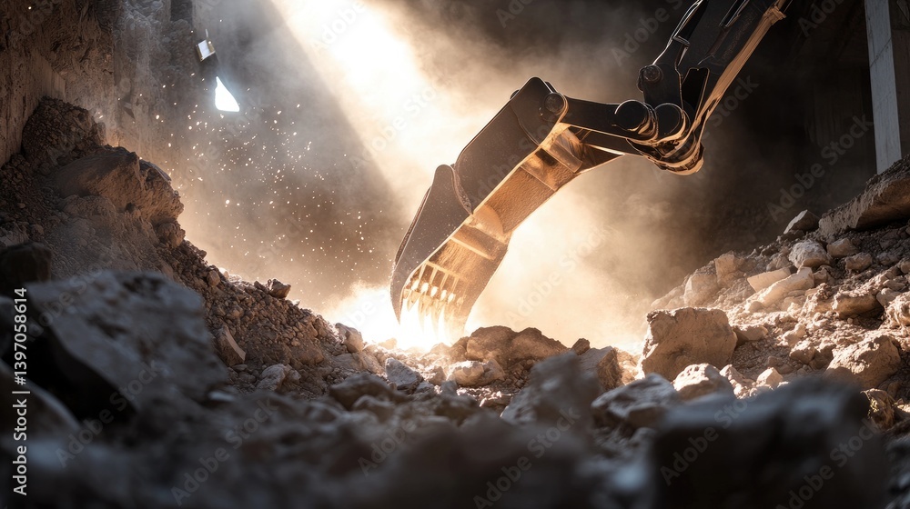 Excavator Arm Digs Through Dusty Rubble in Construction Site