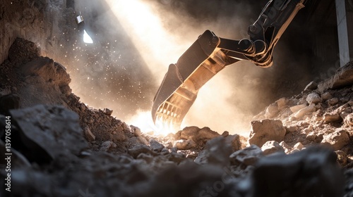 Obraz na płótnie Excavator Arm Digs Through Dusty Rubble in Construction Site w salonie