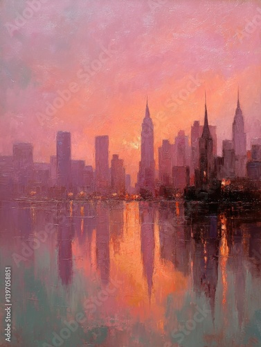 New York Skyline at Sunrise with Water Reflections
