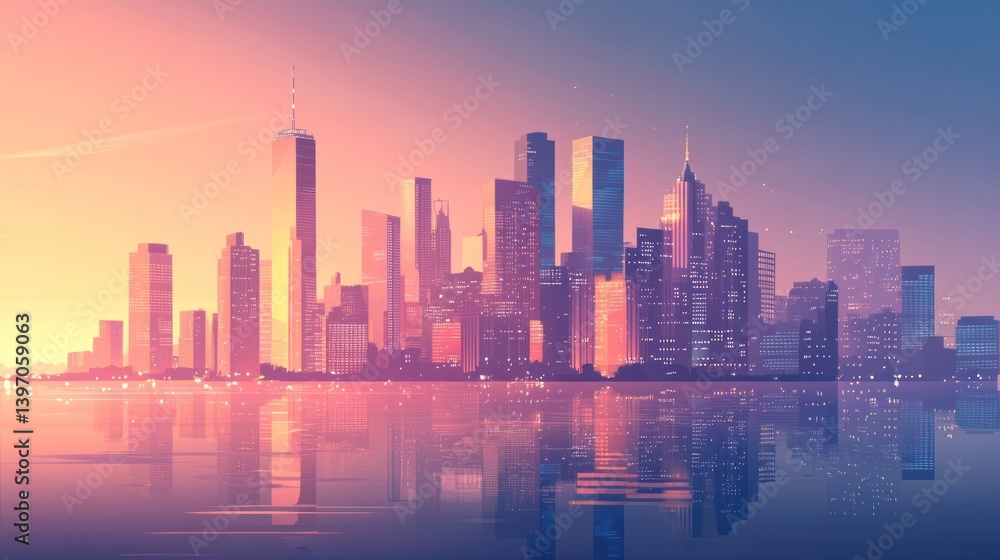 Obraz premium Vibrant Cityscape Reflection, Serene Urban View at Twilight's Embrace