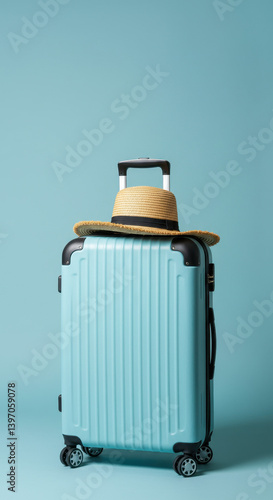 Ready for Adventure: Blue Suitcase with Straw Hat - Pack Your Bags! Vacation, Travel, Getaway
