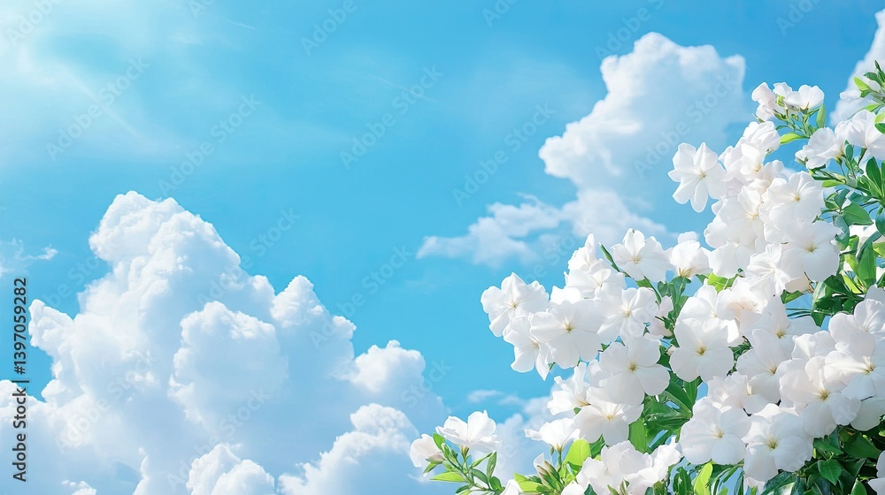 Bright White Flowers Against a Blue Sky with Fluffy Clouds