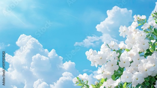 Obraz na płótnie Bright White Flowers Against a Blue Sky with Fluffy Clouds w salonie