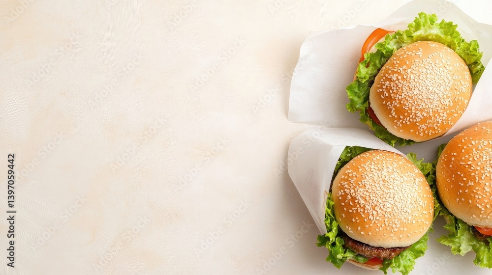 Delicious Fresh Burgers with Lettuce and Tomato on a Light Background