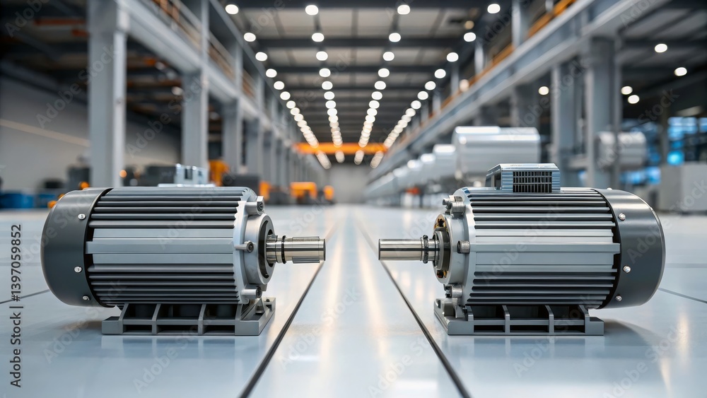 Industrial Electric Motors on Factory Floor with Modern Machinery in Background