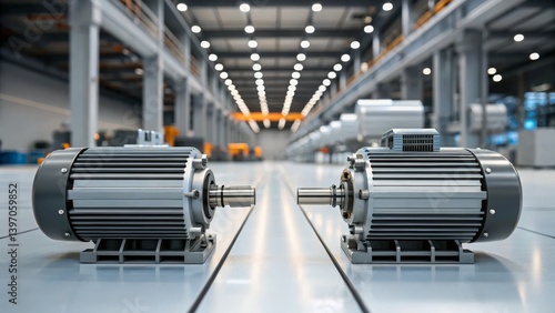 Obraz na płótnie Industrial Electric Motors on Factory Floor with Modern Machinery in Background w salonie