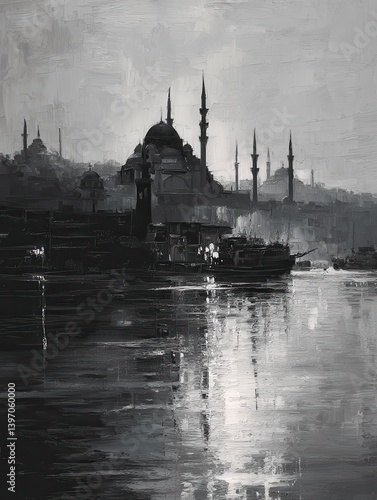 Istanbul Silhouette Painting in Monochrome Tones
