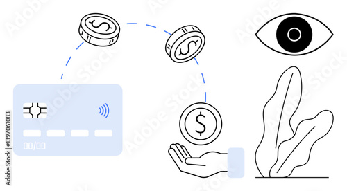 Credit card transfers coins to an open hand, monitored by an eye. Ideal for digital payment, finance security, online transactions, risk analysis, fintech, trust modern banking. Flat simple metaphor