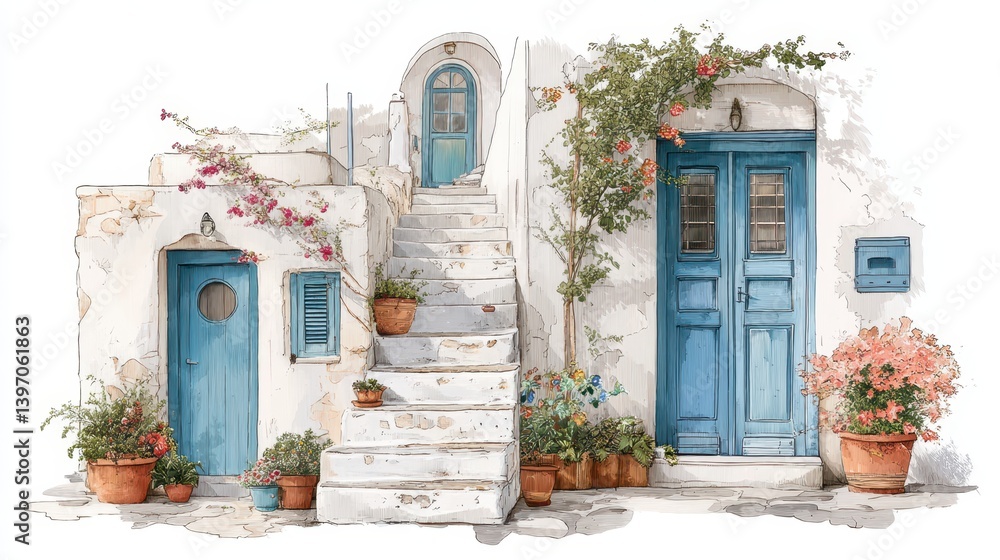 Fototapeta premium Watercolor of Traditional greek Santorini house with bougainvillea flowers,Greece islands blue white traditional cafe restaurant architecture,Santorini blue door window,Mediterranean scene.