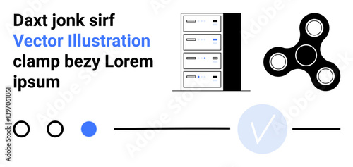 Server rack next to a fidget spinner and circular UI elements, including a checkmark and text. Ideal for tech, data storage, UXUI design, web development, innovation, creative projects, and digital