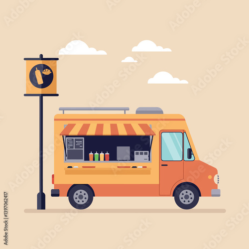 Bright Orange Food Truck with Colorful Awning and Signage in Minimal Flat Style Vector Illustration