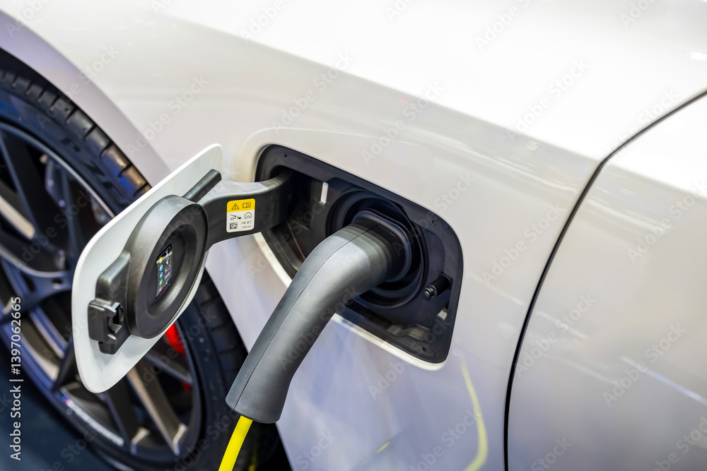 Power cable pump plug in charging power to electric vehicle EV car. Power cable pump plug in charging power to electric vehicle EV car.