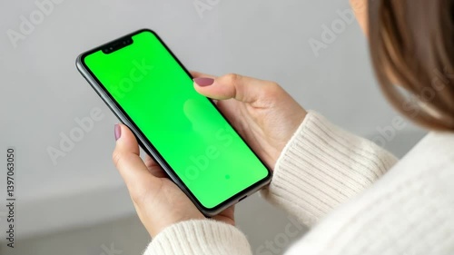Woman holding smartphone with green screen for chroma key and mockup use