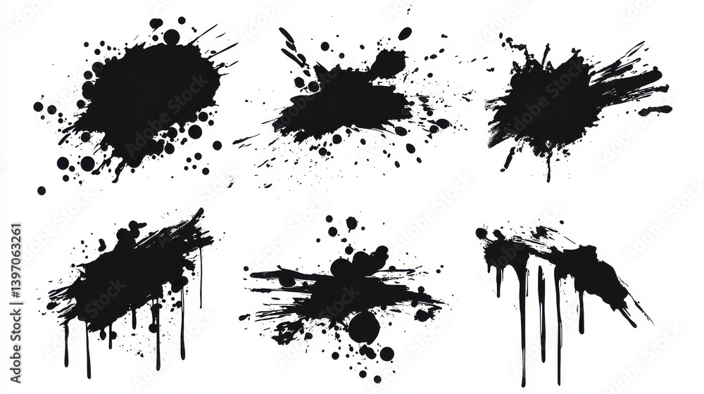 Obraz premium Black ink stencils. paintbrush, splash, spray, ink splatter and paint marks. artistic graphic box, black blots, grunge brush strokes and grunge frames for text. Graffiti Stencil. Illustration illustr