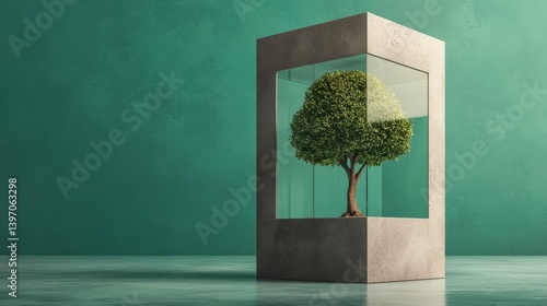 Pixelated Green Tree in Concrete Cube on Teal Background