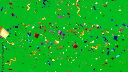 Colorful confetti falling on green screen background for celebration and chroma key use