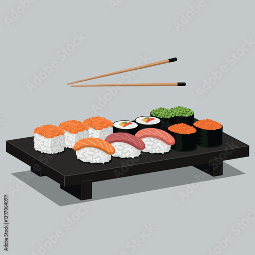 Assorted Sushi Pieces with Chopsticks on Black Tray in Minimalist Detailed Vector Illustration