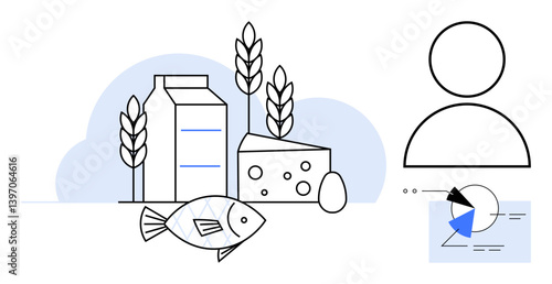 Milk carton, cheese wedge, egg, fish, wheat stalks, person outline, data pie chart and diagram. Ideal for nutrition health diet education food analysis wellness lifestyle. Flat simple metaphor