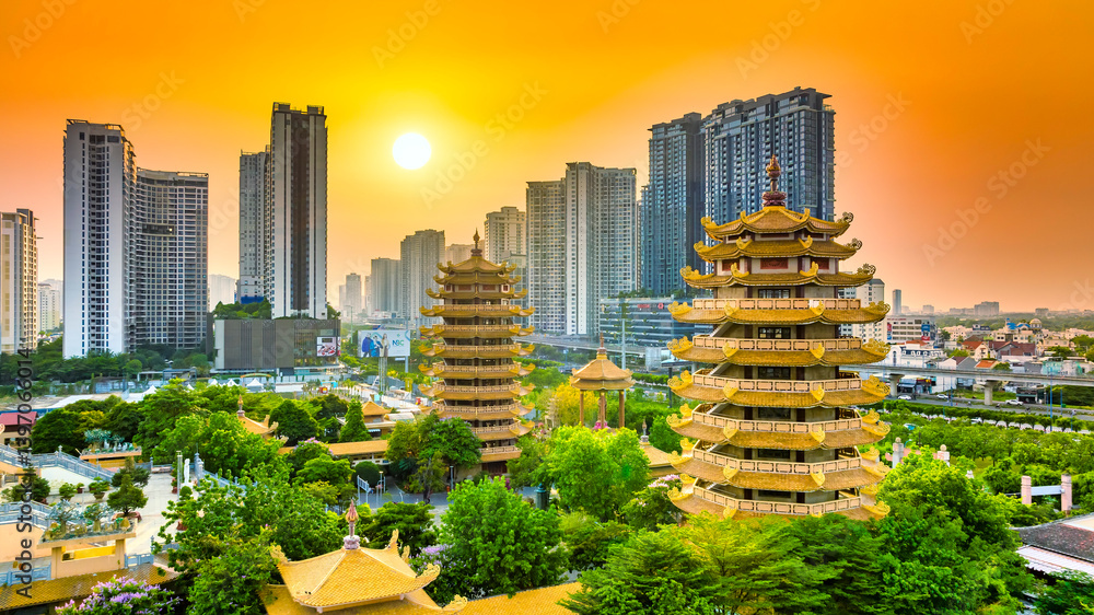 Aerial view of Minh Dang Quang Buddhist Institute a beautiful pagoda , Temple in the capital Ho Chi Minh city of Vietnam