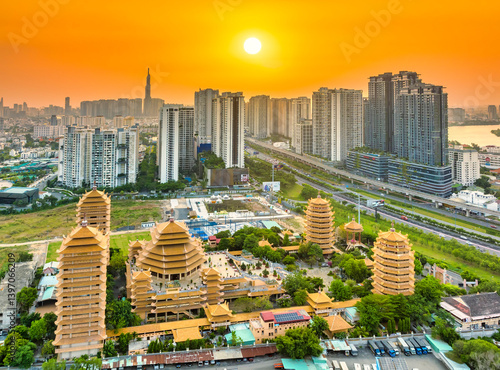 Aerial view of  Minh Dang Quang Buddhist Institute a beautiful pagoda , Temple in the capital Ho Chi Minh city of Vietnam