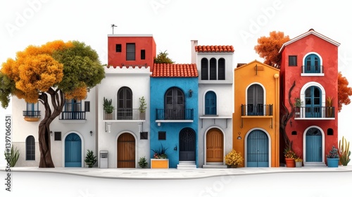Pixel Art Mediterranean Houses with Autumnal Trees
